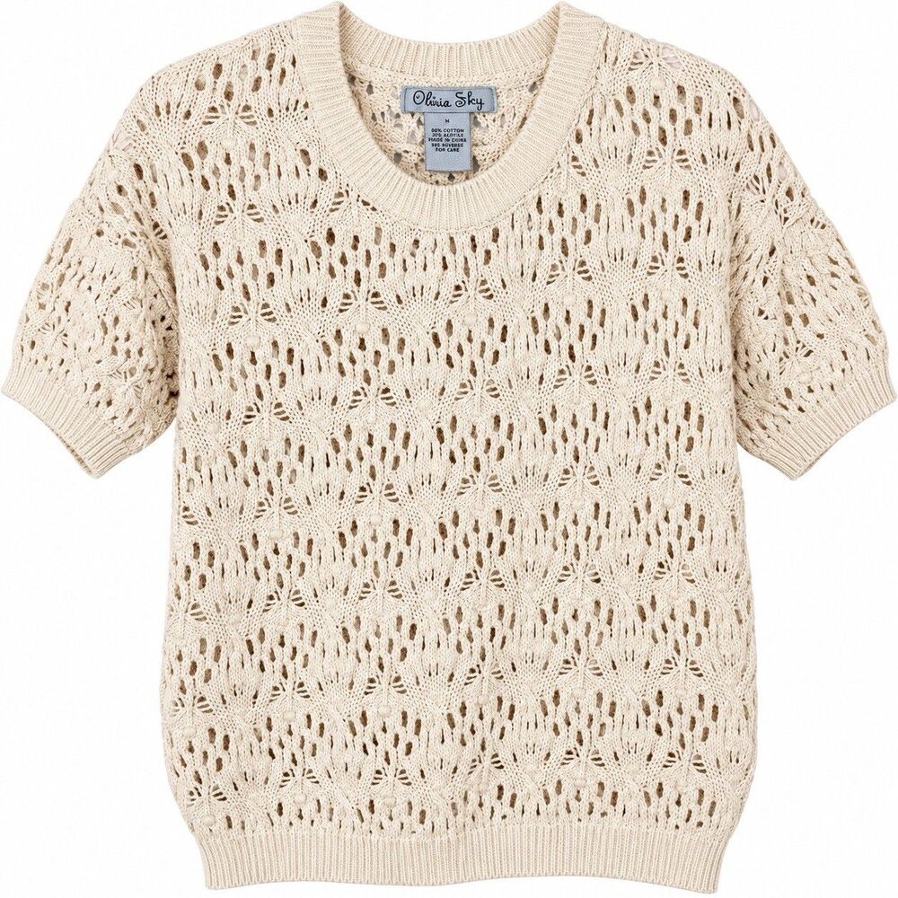 Olivia Sky Sweater Womens Large Cream Open Knit Crochet Short Sleeve Boho